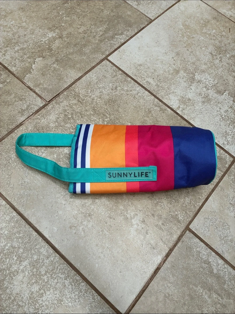Sunnylife Multicolor Stripe Cosmetic Pouch with Teal Handle
